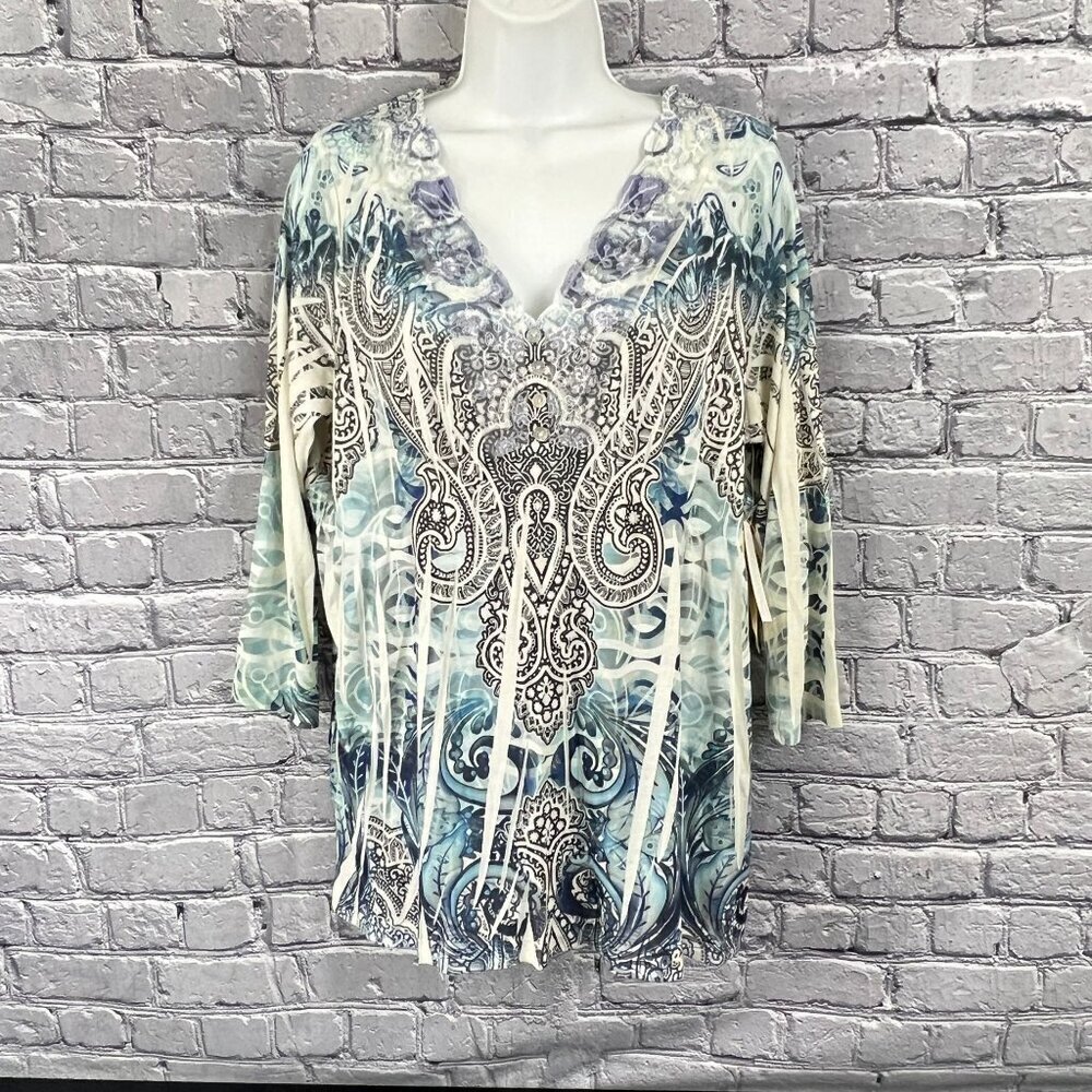 One World Womens V-Neck‎ Lace Trim Tunic Top PXL Blue & Cream Paisley